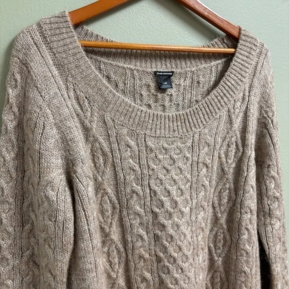 Club Monaco Womens Cable‎ Knit Sweater Size L Beige Quiet Luxury Mohair Blend